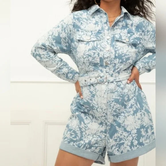 Eloquii Elements Floral Denim Romper In Blue And White Size 26 - Picture 2 of 13